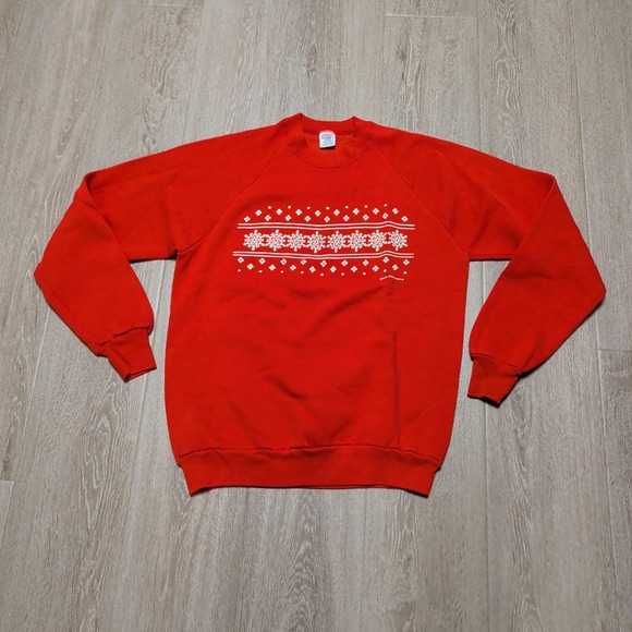 Jerzees by Russell Other - Vintage 80s Jerzees Sweatshirt Mens M Red Fair Isle‎ Snowflake Crewneck Made USA